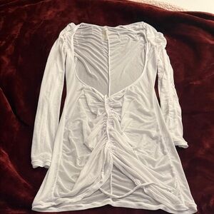 Fashion Nova White Long Sleeve Ruched Swim Coverup